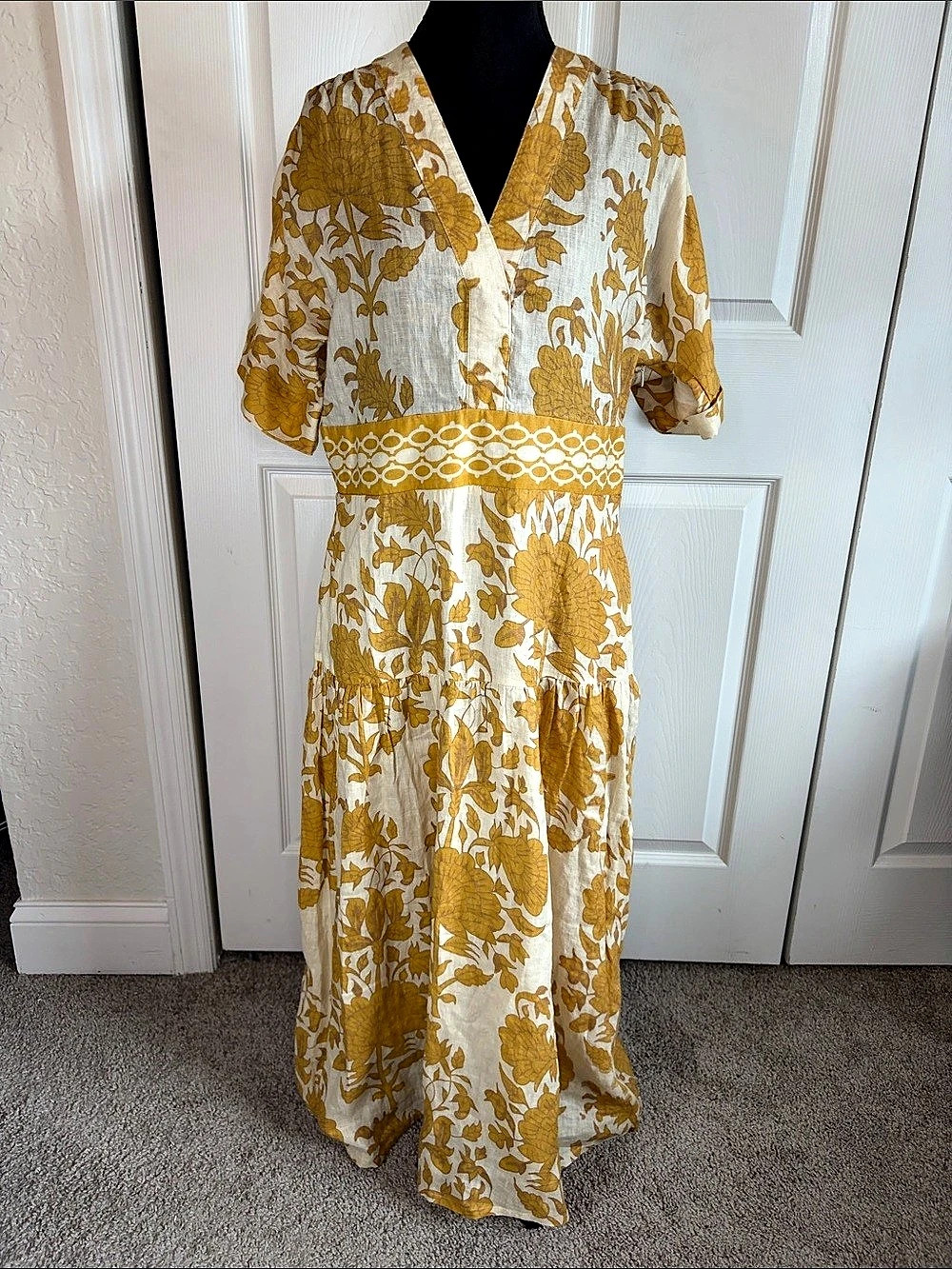 Spartina 449 Mustard Yellow Floral Linen Cotton Tiered Maxi Beach Dress M